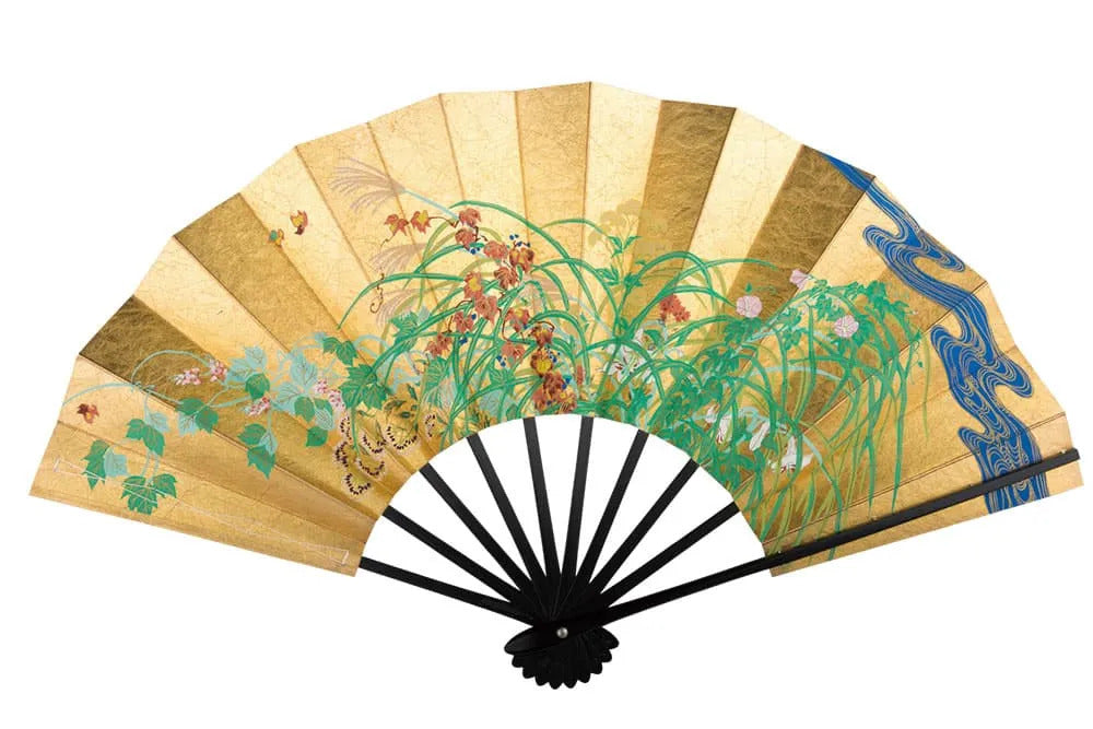 Éventail décoratif double face de Kyoto « Dieux du vent et du tonnerre / Plantes fleuries d'été et d'automne »