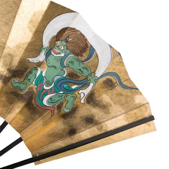 Éventail décoratif double face de Kyoto « Dieux du vent et du tonnerre / Plantes fleuries d'été et d'automne »
