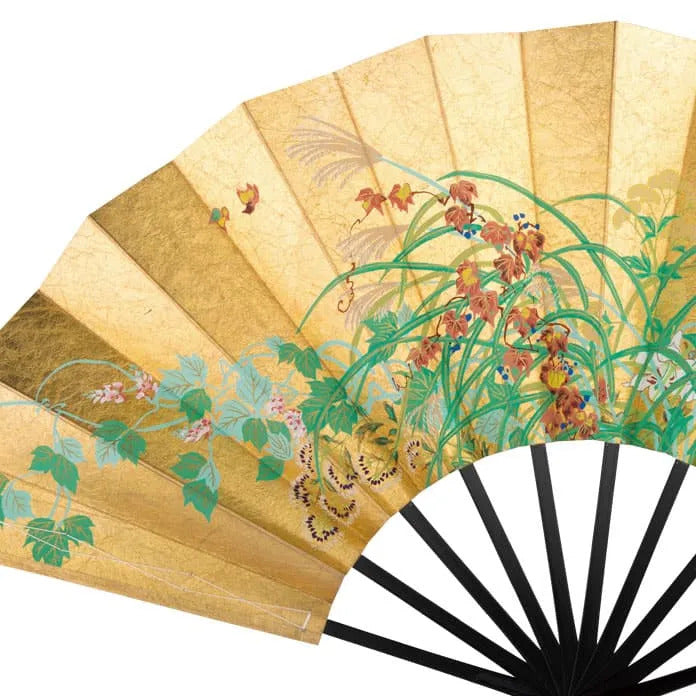 Éventail décoratif double face de Kyoto « Dieux du vent et du tonnerre / Plantes fleuries d'été et d'automne »