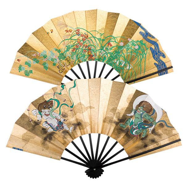 Double-sided Decorative Kyoto Fan "Gods of Wind and Thunder / Flowering plants of summer and autumn"