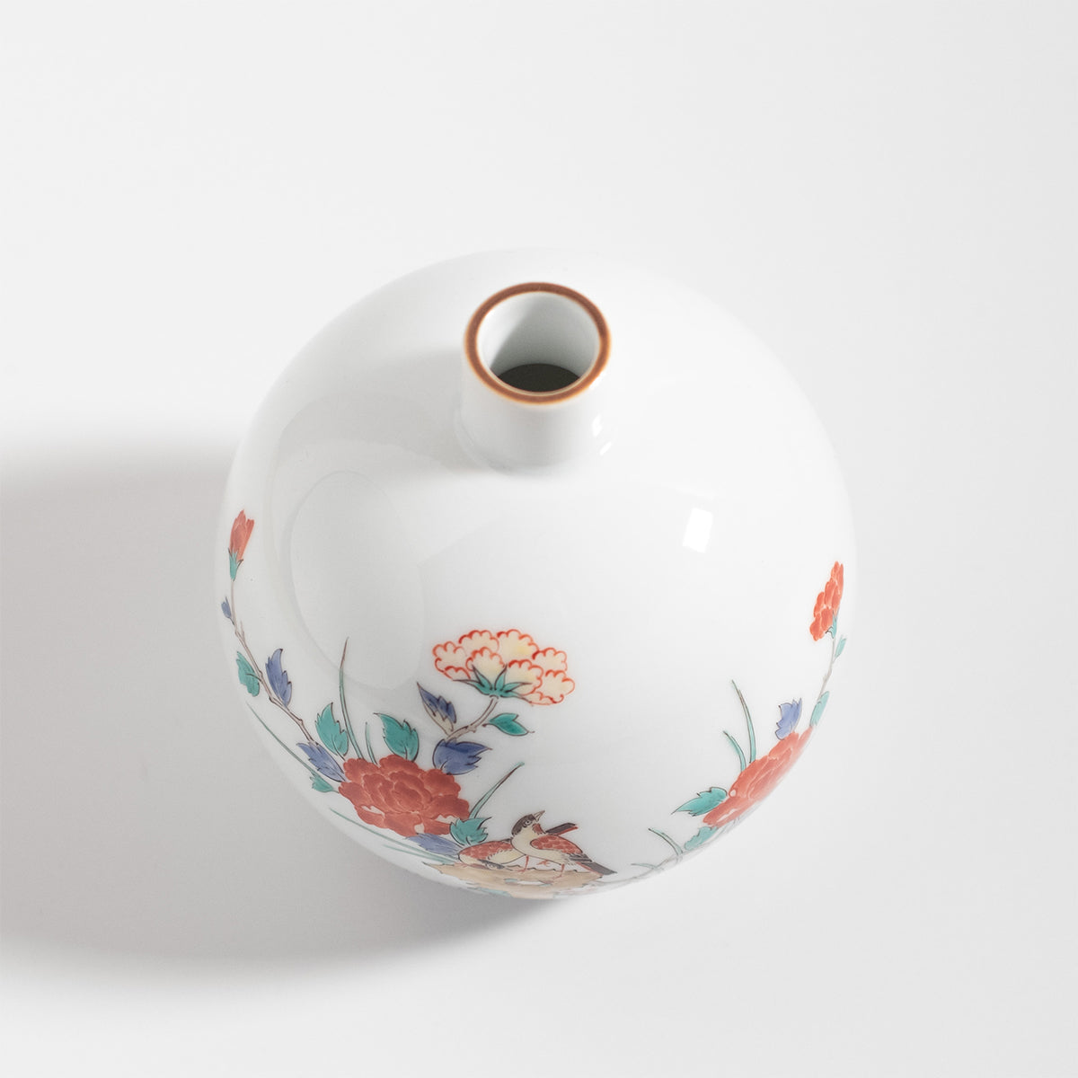 Arita Ware: Single-Flower Pill-shaped Vase with Peony and Bird Motif
