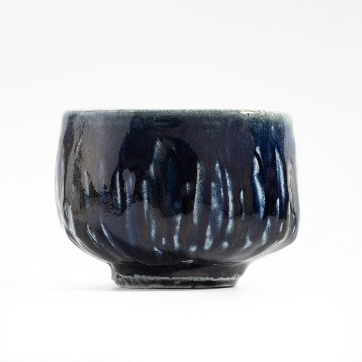 Mashiko Ware: Indigo Iron Salt Glaze Carved Tea Bowl (Half Cylinder Shape)
