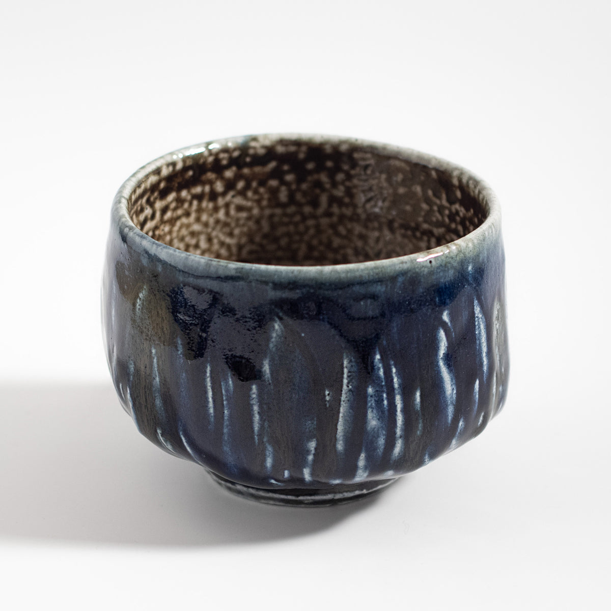 Mashiko Ware: Indigo Iron Salt Glaze Carved Tea Bowl (Half Cylinder Shape)