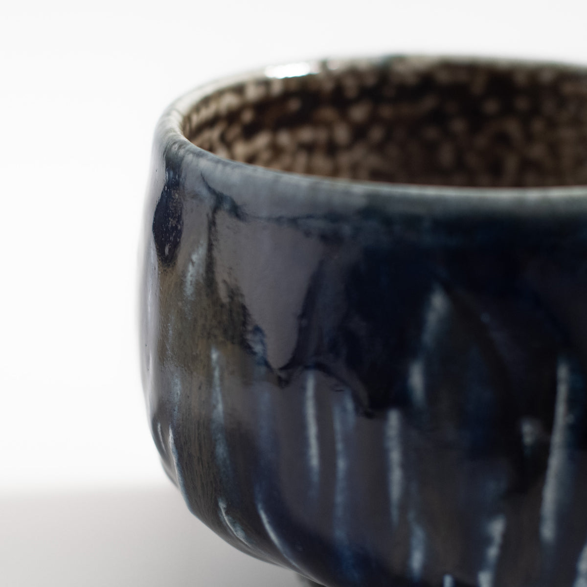 Mashiko Ware: Indigo Iron Salt Glaze Carved Tea Bowl (Half Cylinder Shape)