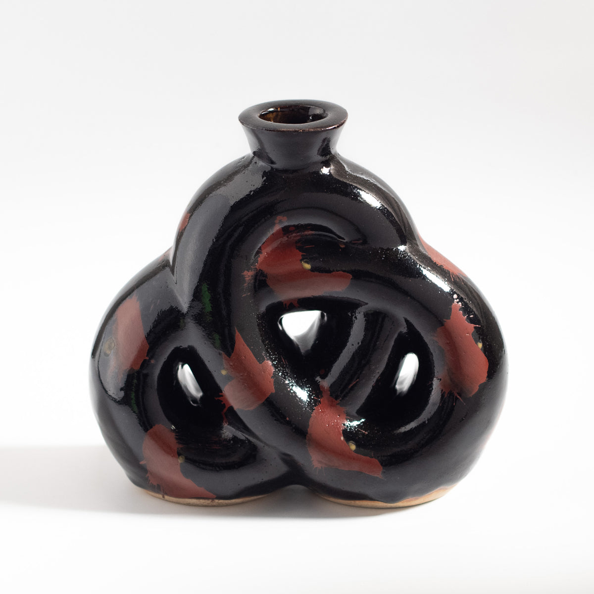 Mashiko Ware: Black Glaze Red Enamel Knotted Flat Vase