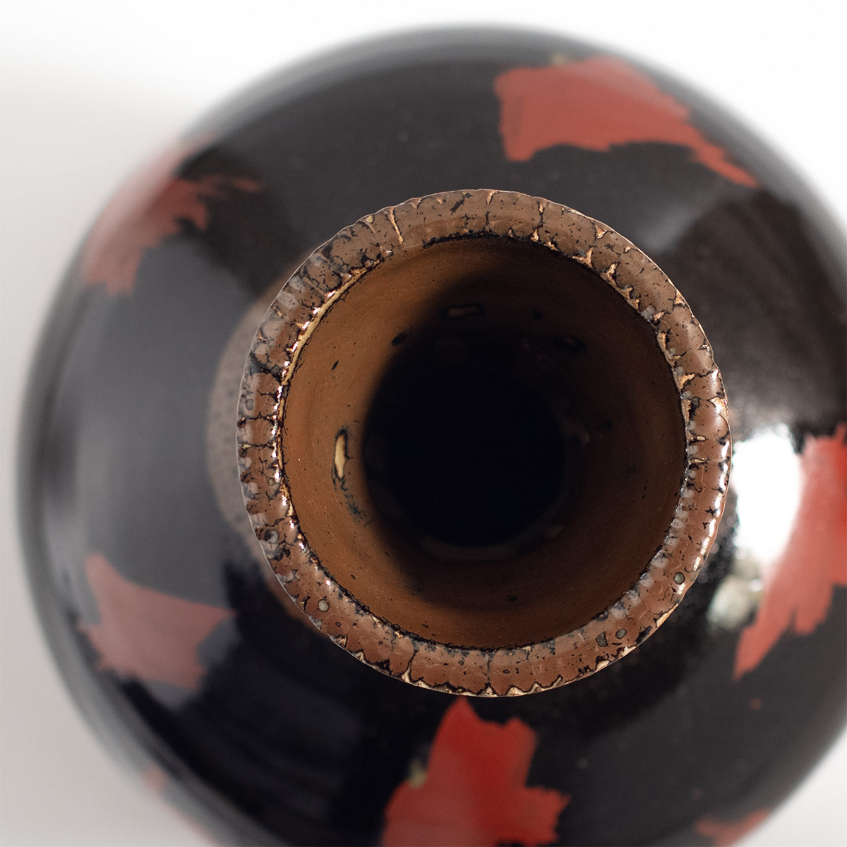Mashiko Ware: Black Glaze Red Enamel Flower Vase
