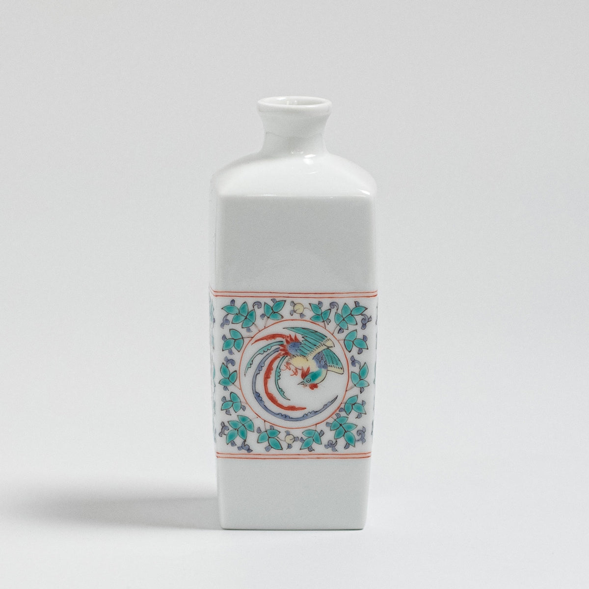 Arita Ware: Single-Flower Vase with Overglaze Enamel Dragon and Phoenix Design, Slender Angular Form