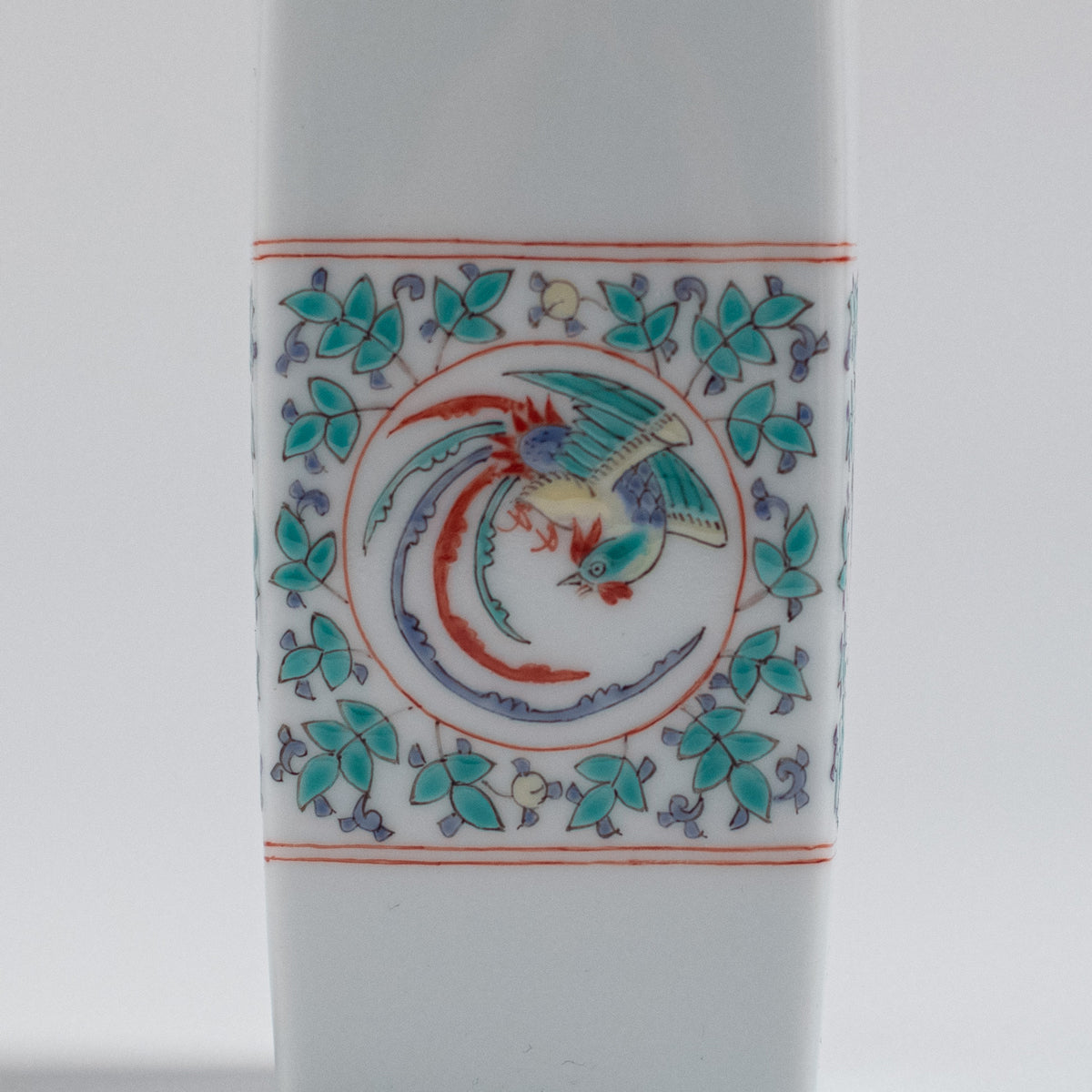 Arita Ware: Single-Flower Vase with Overglaze Enamel Dragon and Phoenix Design, Slender Angular Form