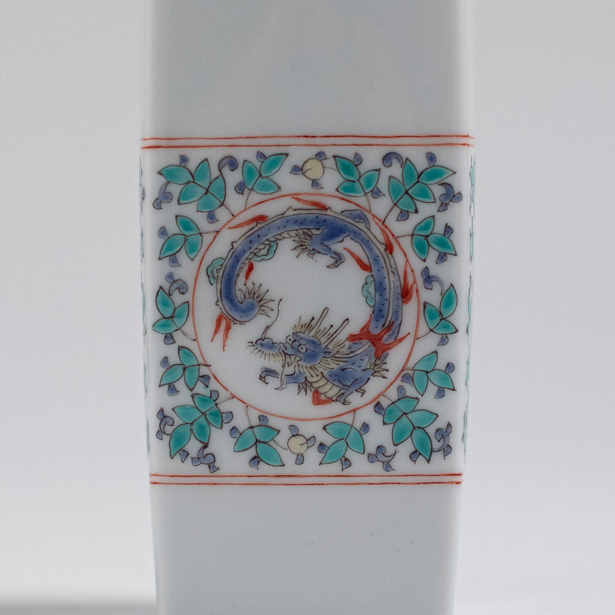 Arita Ware: Single-Flower Vase with Overglaze Enamel Dragon and Phoenix Design, Slender Angular Form