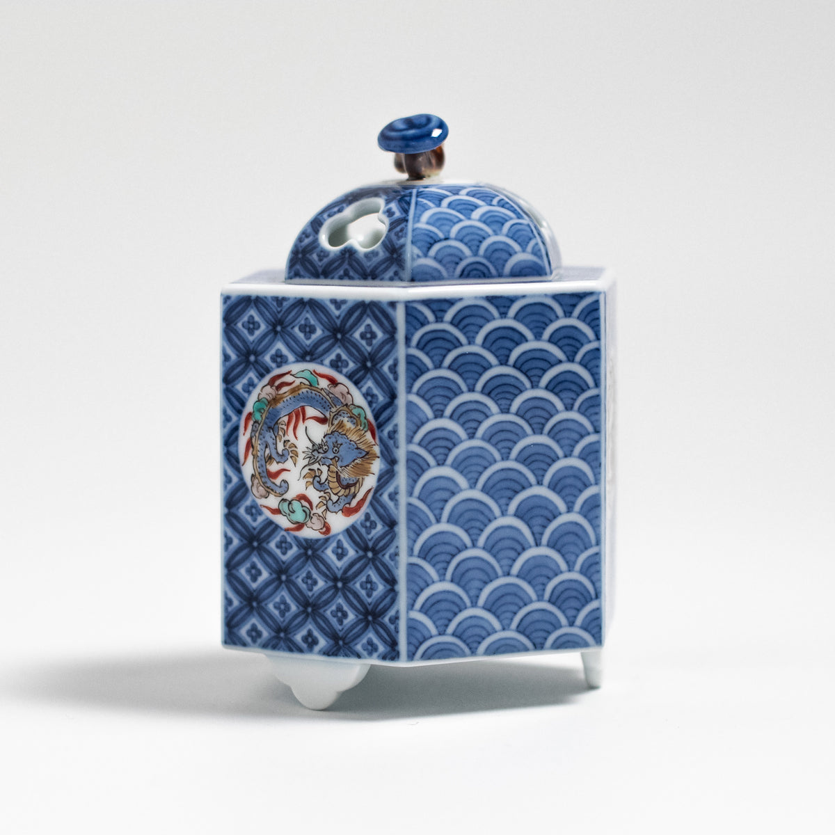 Arita Ware: Incense Burner with Kakiemon Overglaze Enamel and Blue-and-White Dragon Motifs