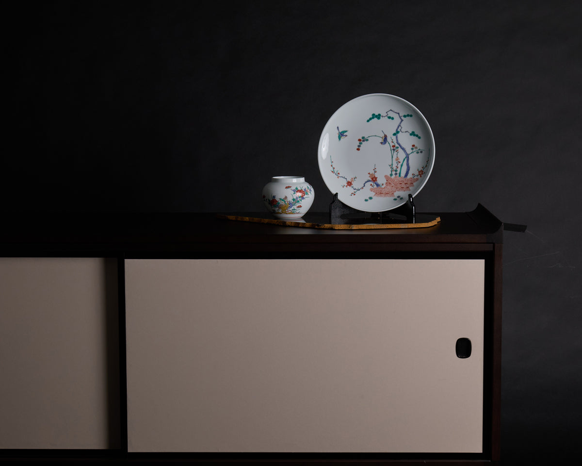 Arita Ware: Large Overglaze Enamel Dish, Pine-Bamboo-Plum and Birds