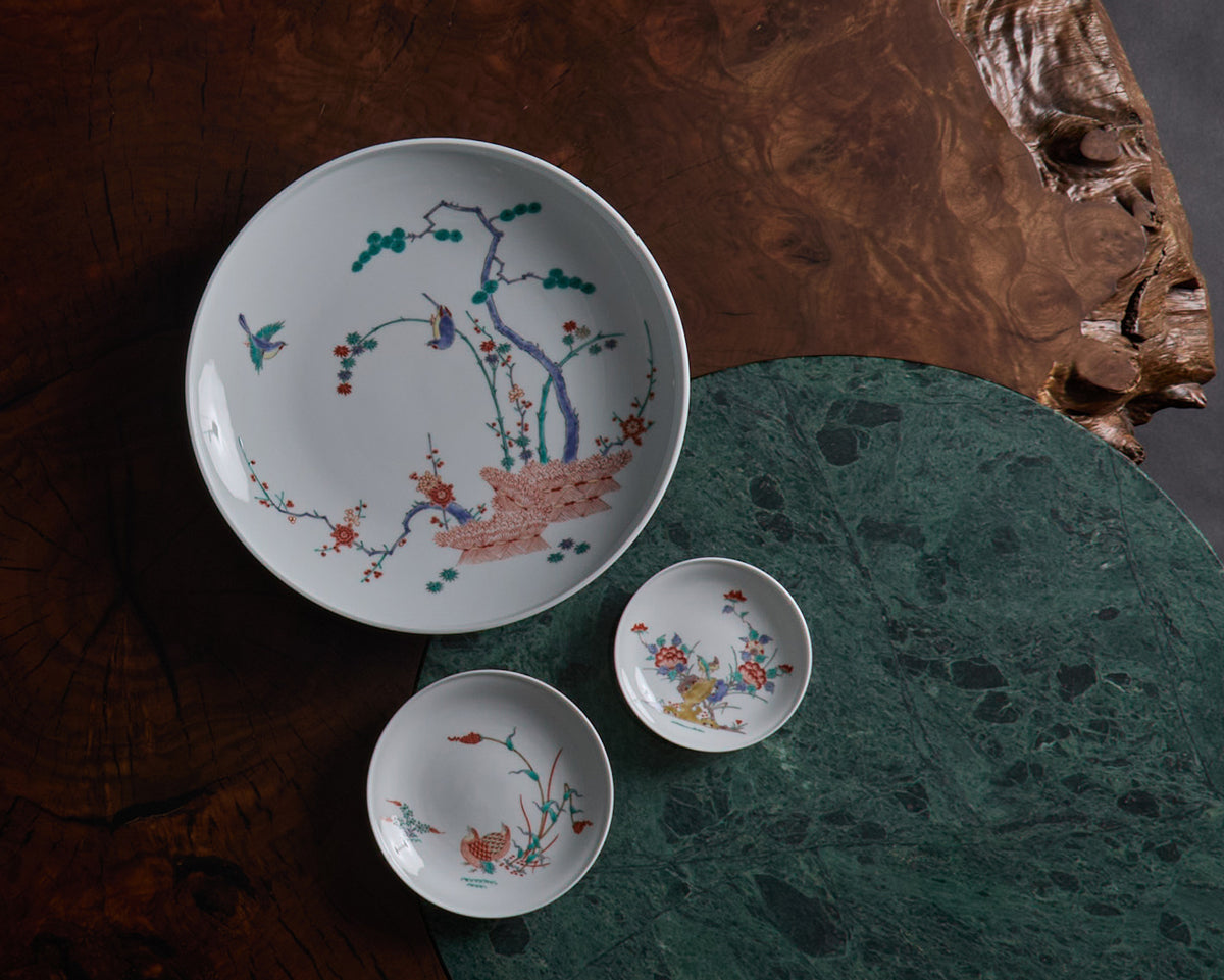 Arita Ware: Large Overglaze Enamel Dish, Pine-Bamboo-Plum and Birds