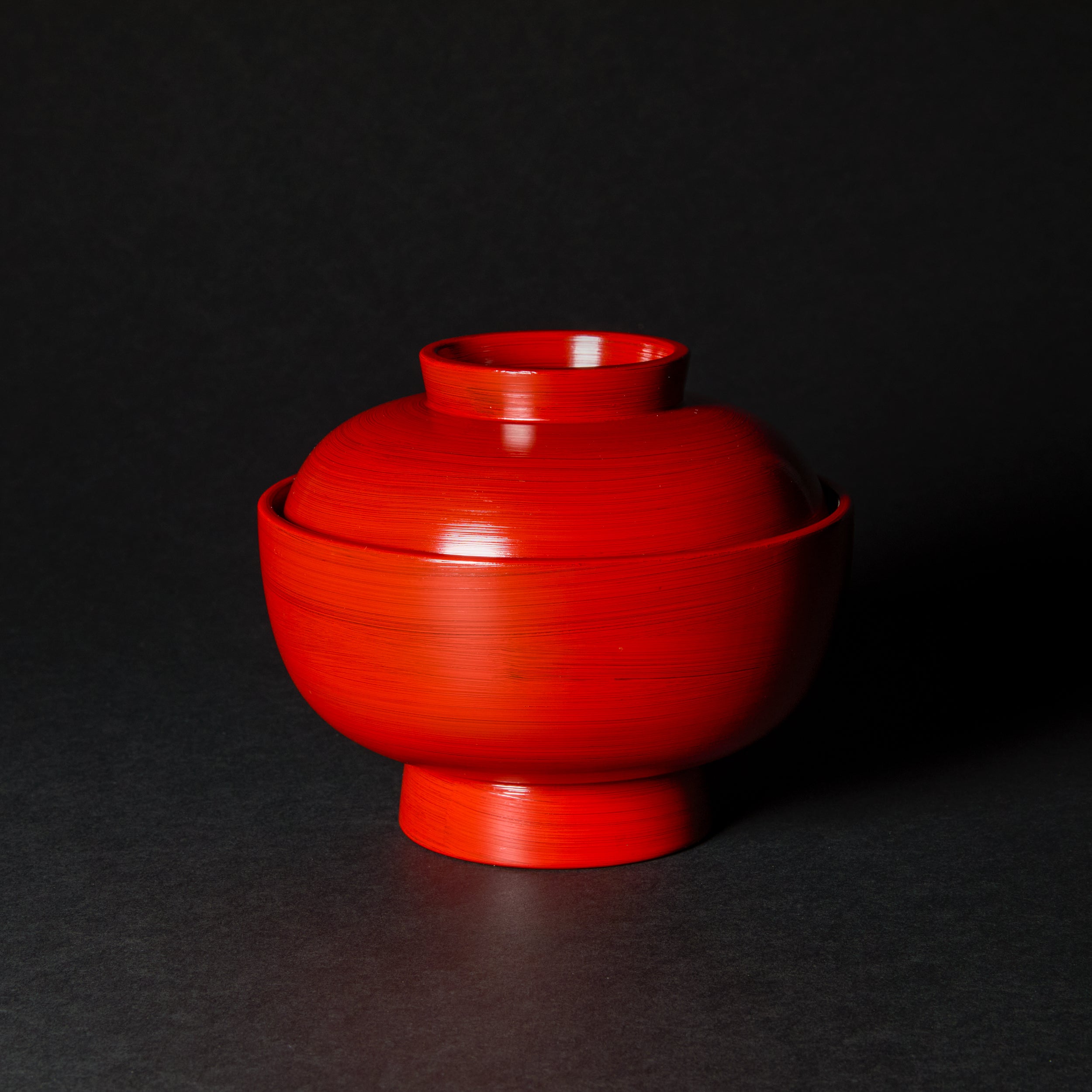 Negoro Lacquer: Small Lidded Red Lacquer Bowls, Set of 5