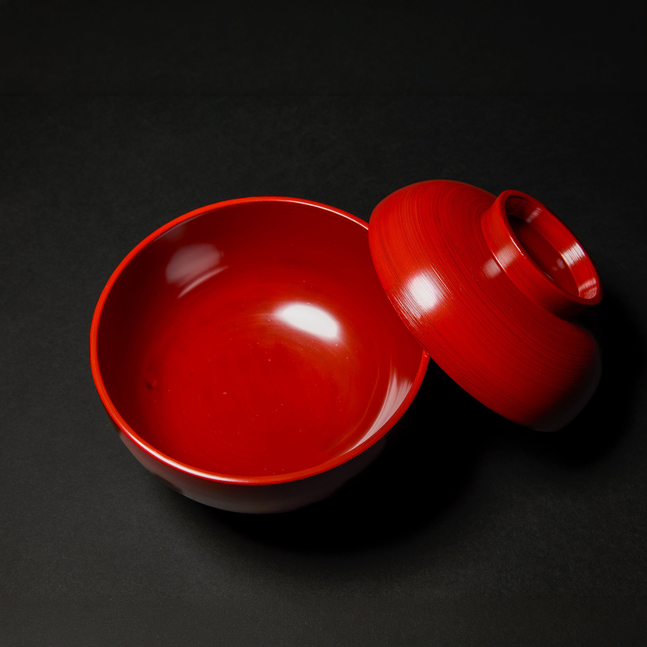 Negoro Lacquer: Small Lidded Red Lacquer Bowls, Set of 5