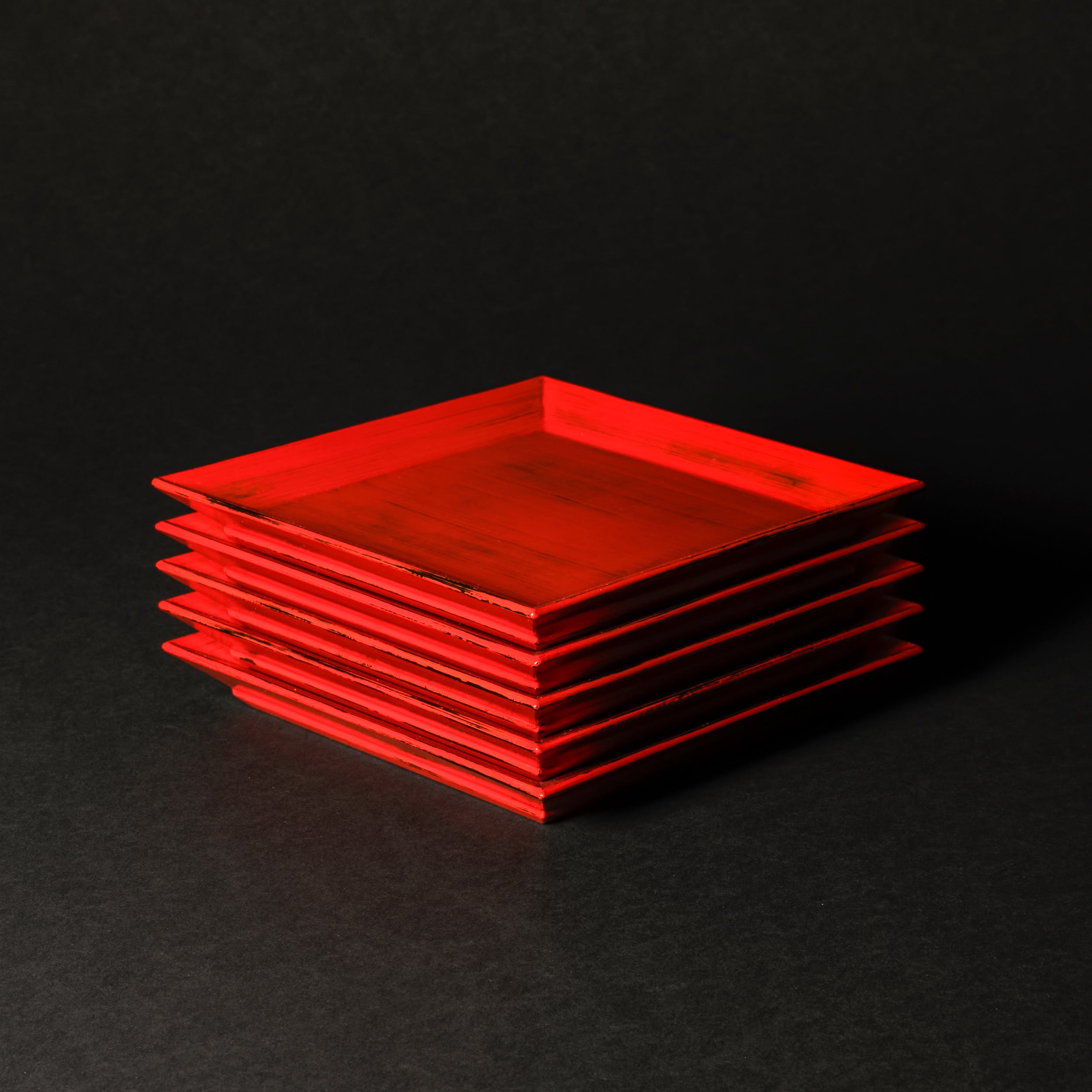 Negoro Lacquer: Square Plates, Set of 5