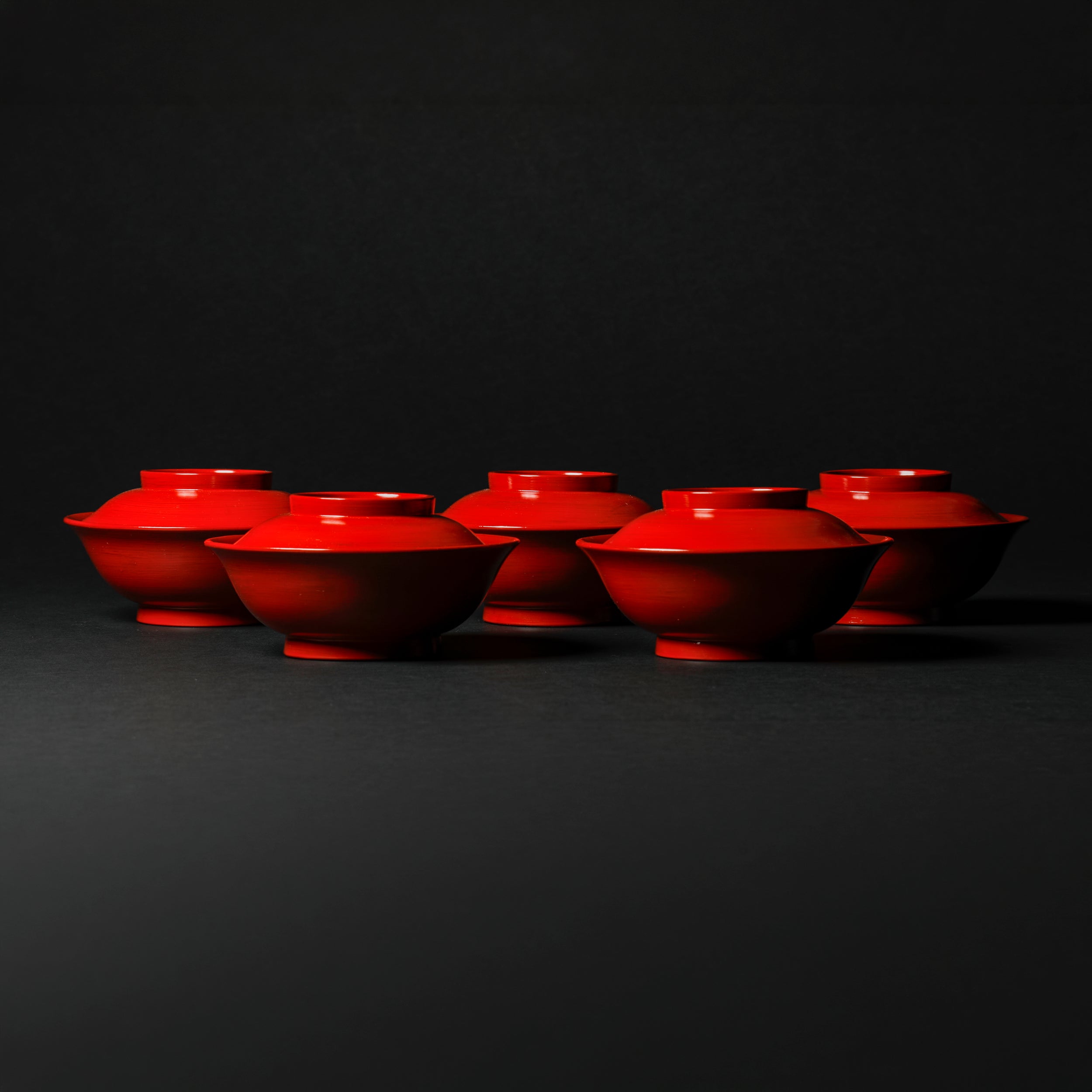 Negoro Lacquer: Lidded Nimono Bowls, Set of 5
