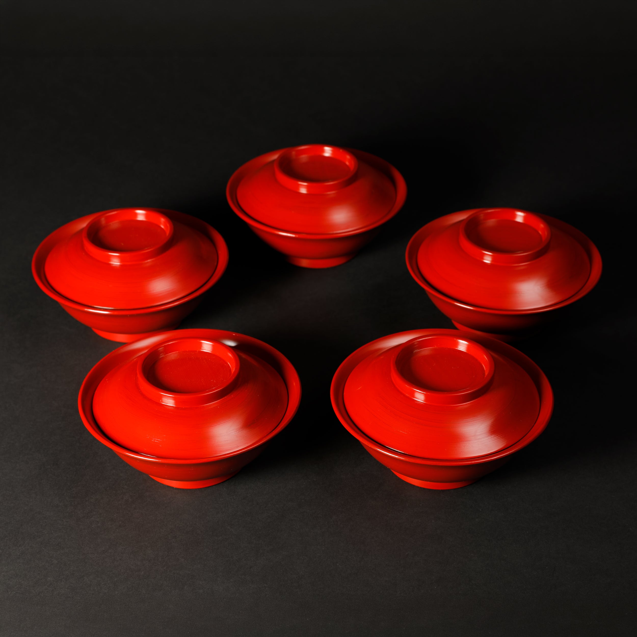 Negoro Lacquer: Lidded Nimono Bowls, Set of 5
