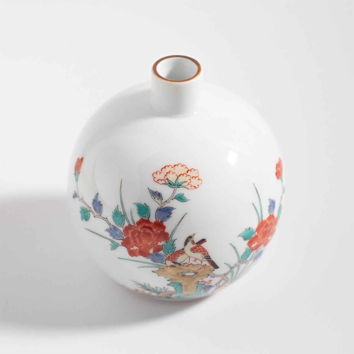 Arita Ware: Single-Flower Pill-shaped Vase with Peony and Bird Motif