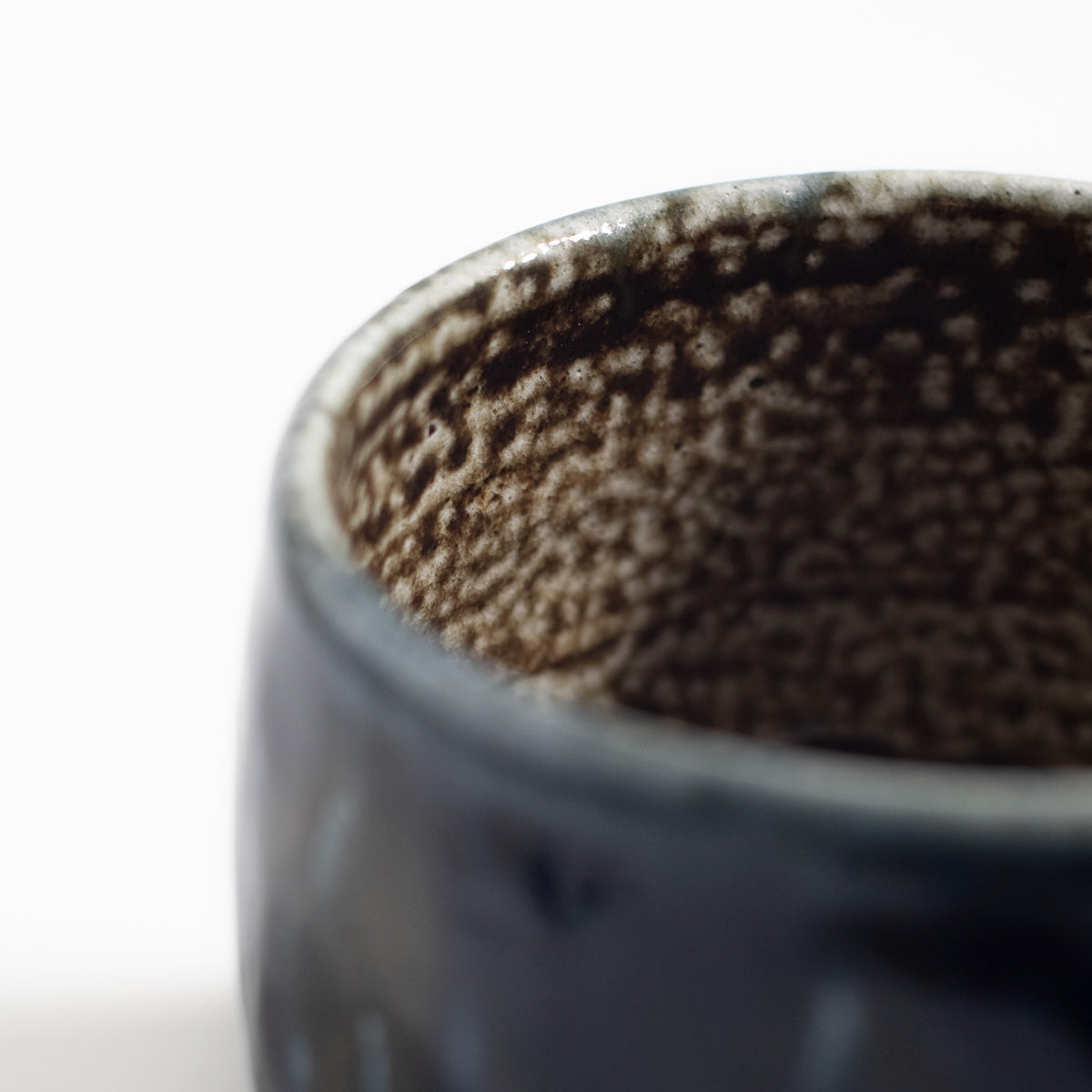 Mashiko Ware: Indigo Iron Salt Glaze Carved Tea Bowl (Half Cylinder Shape)