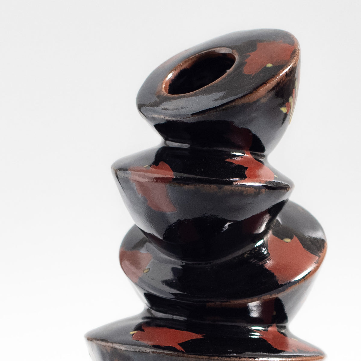 Mashiko Ware: Black Glaze Red Enamel Stacking Moon-shaped Vase