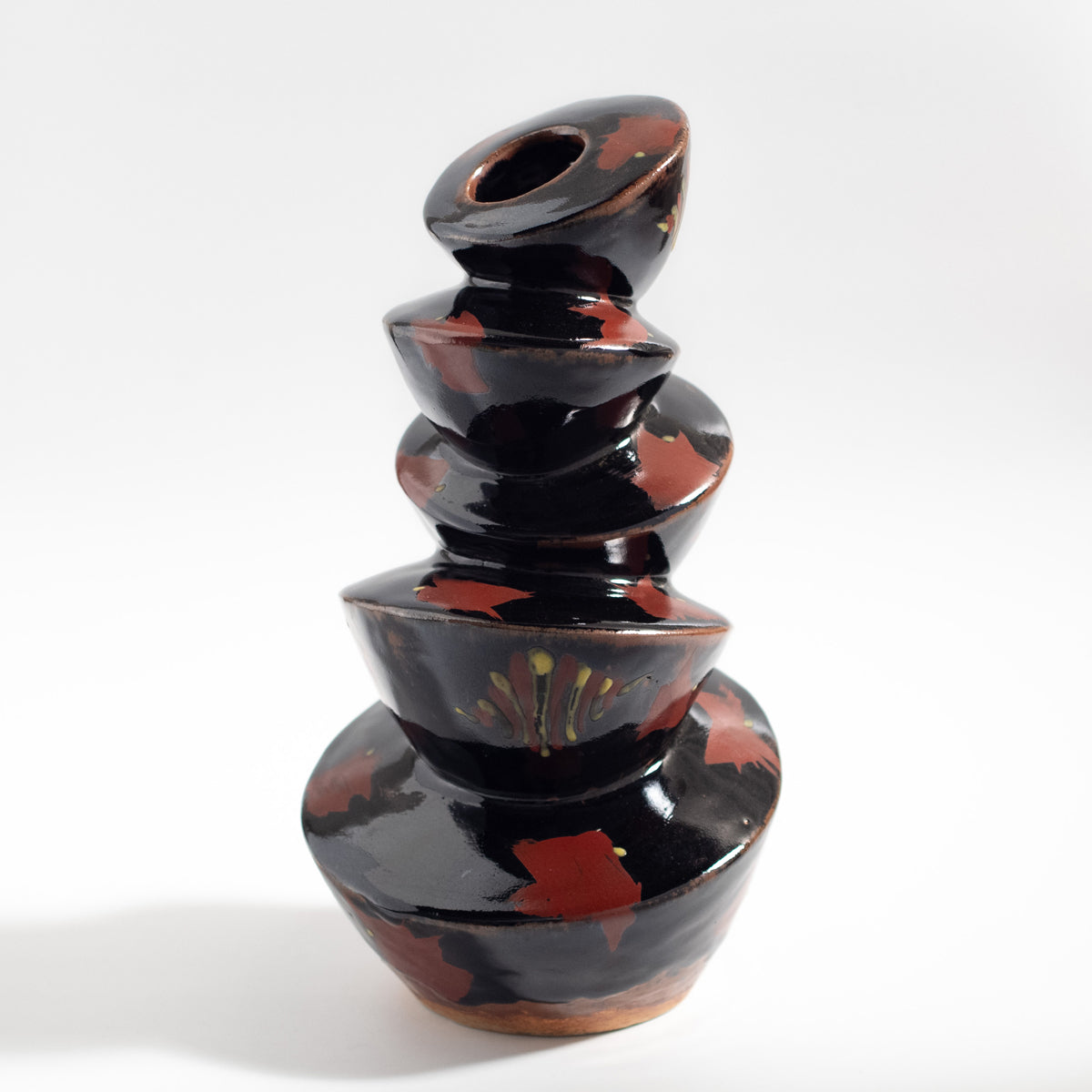 Mashiko Ware: Black Glaze Red Enamel Stacking Moon-shaped Vase