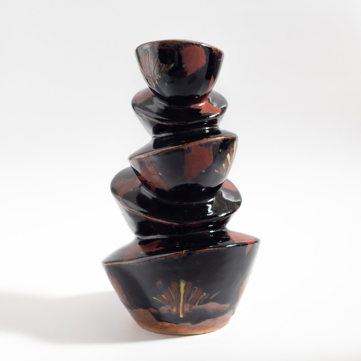 Mashiko Ware: Black Glaze Red Enamel Stacking Moon-shaped Vase