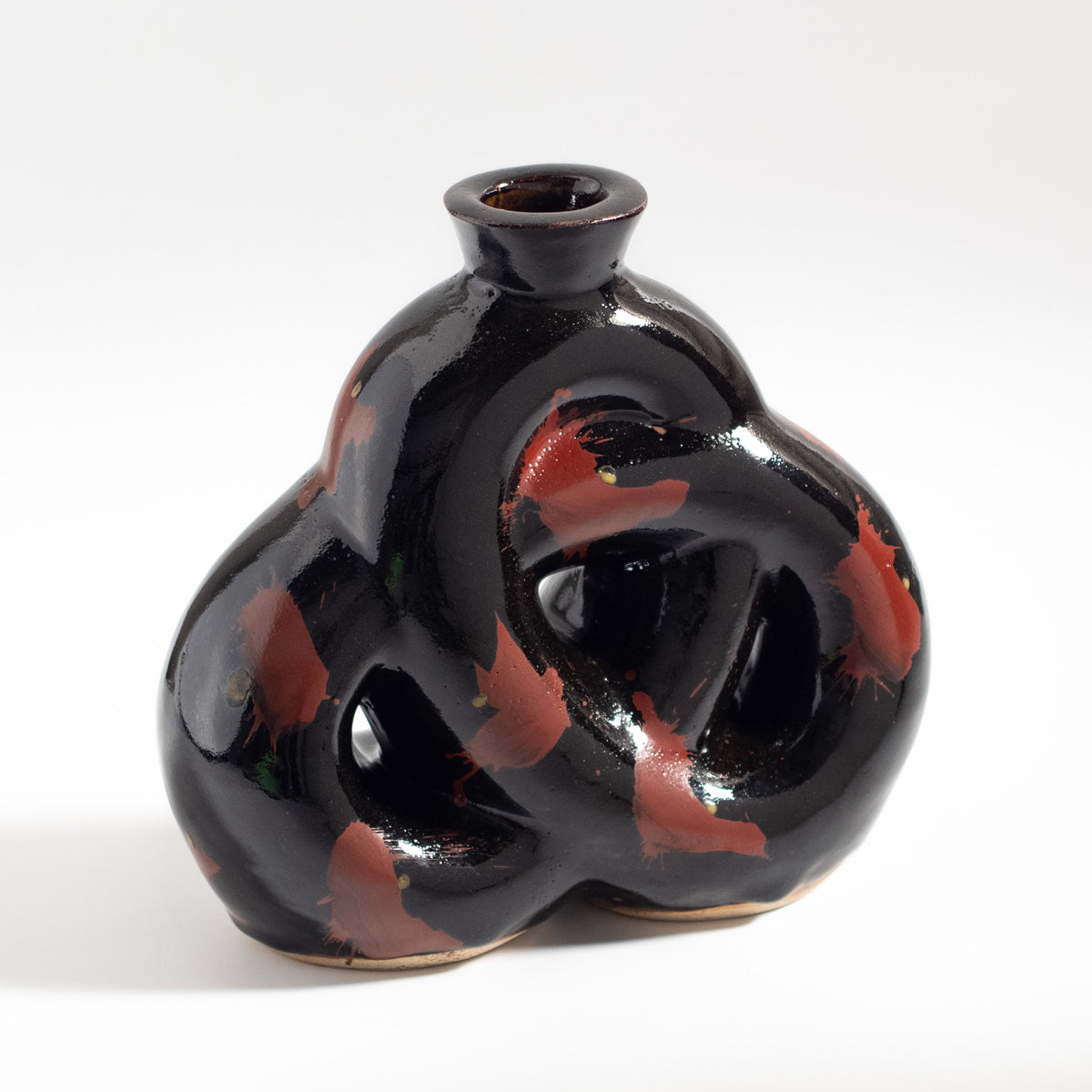 Mashiko Ware: Black Glaze Red Enamel Knotted Flat Vase
