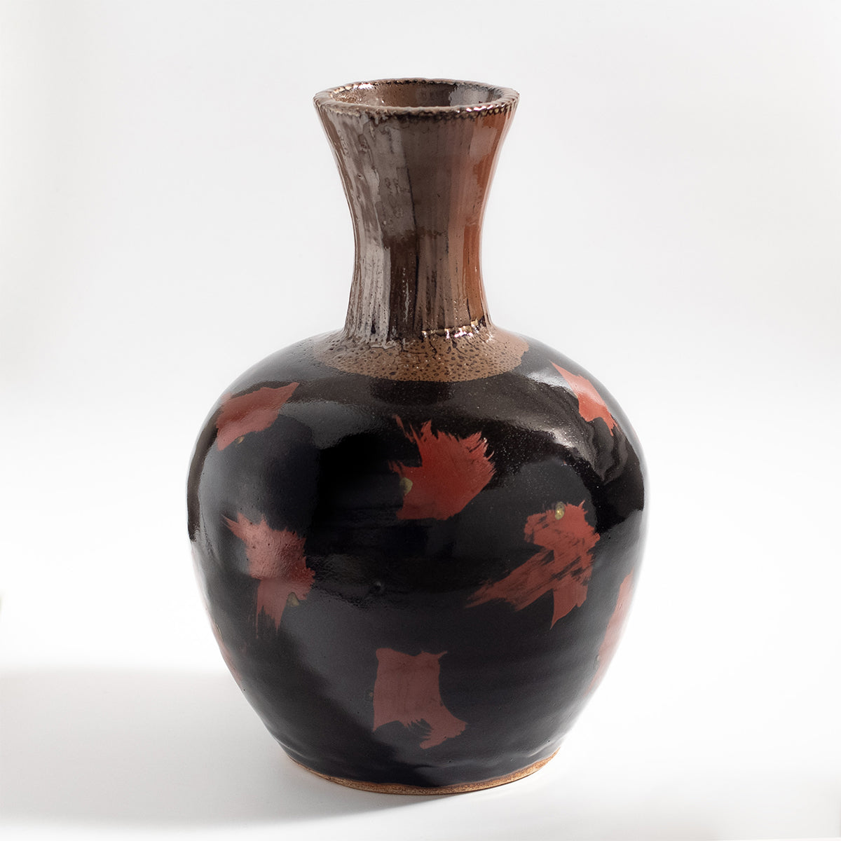 Mashiko Ware: Black Glaze Red Enamel Flower Vase