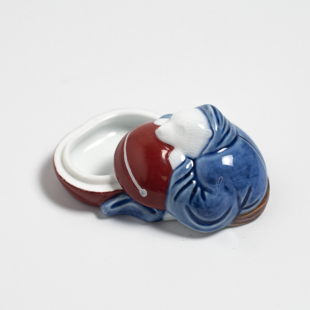 Arita Ware: Tanuki-Shaped Incense Container with Blue-and-White Decoration and Overglaze Enamel