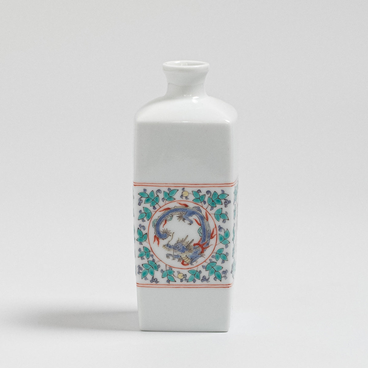 Arita Ware: Single-Flower Vase with Overglaze Enamel Dragon and Phoenix Design, Slender Angular Form