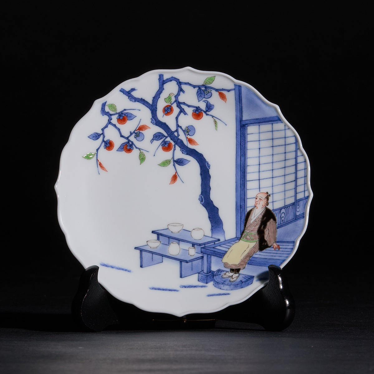 Arita Ware: Framed Plate with Bellflower Rim, Blue-and-Polychrome Enamel, First Generation Design