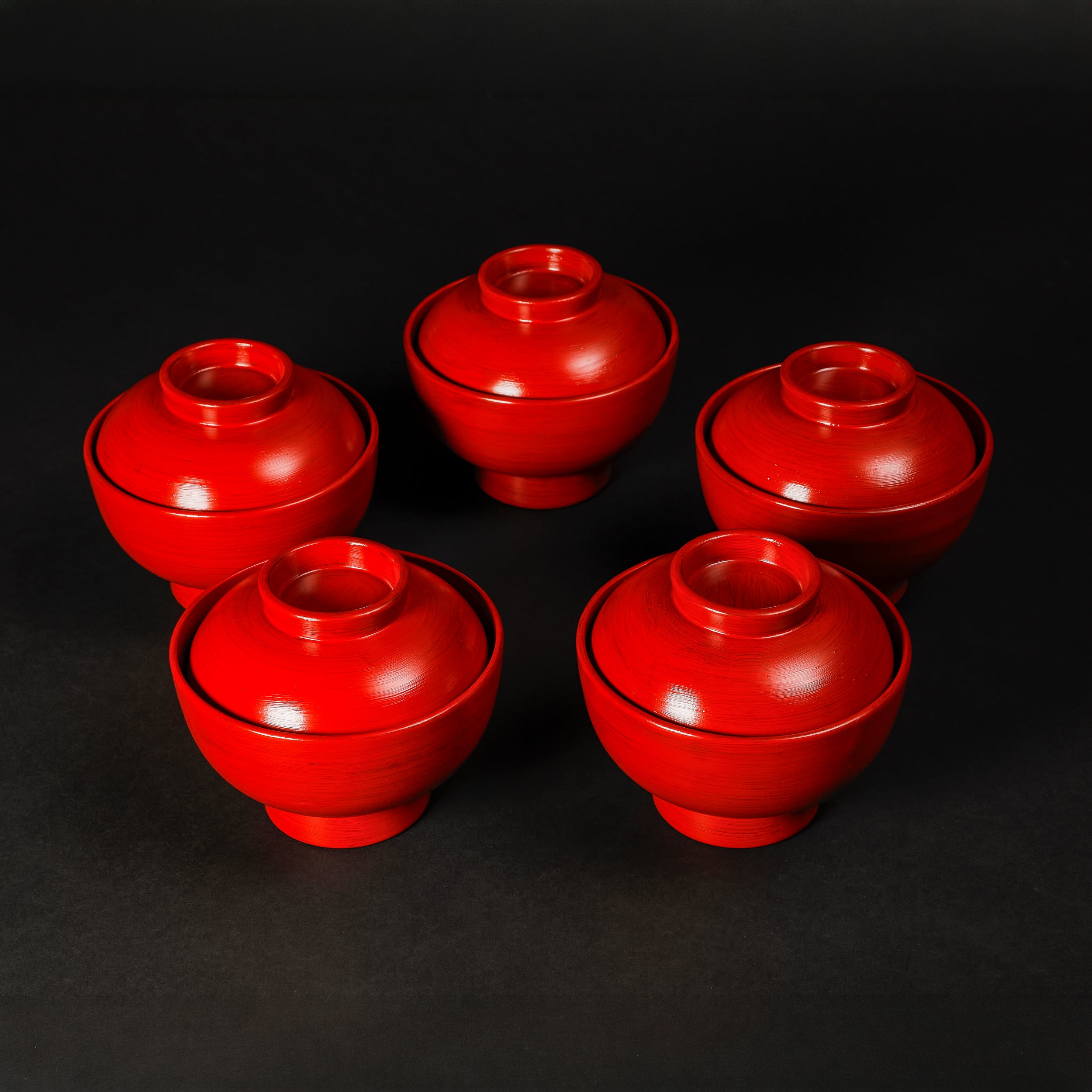 Negoro Lacquer: Small Lidded Red Lacquer Bowls, Set of 5