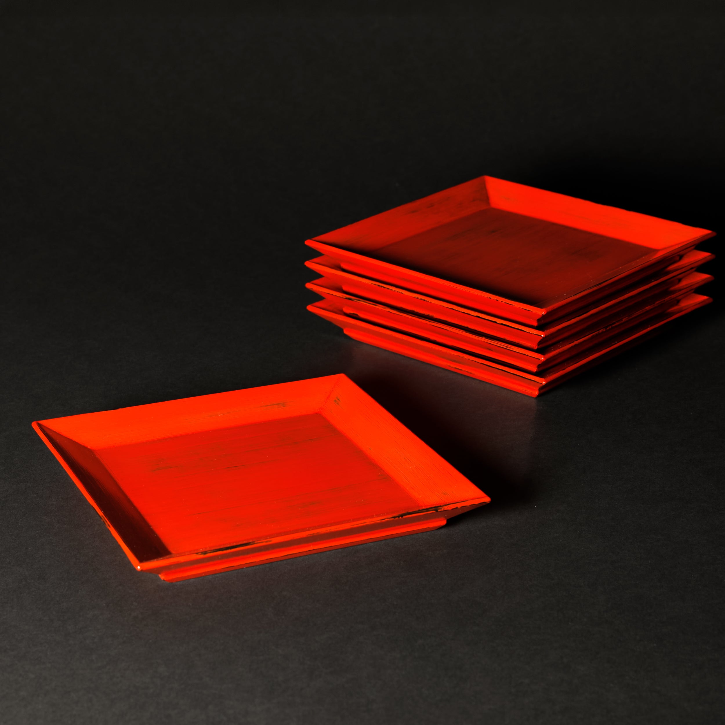 Negoro Lacquer: Square Plates, Set of 5