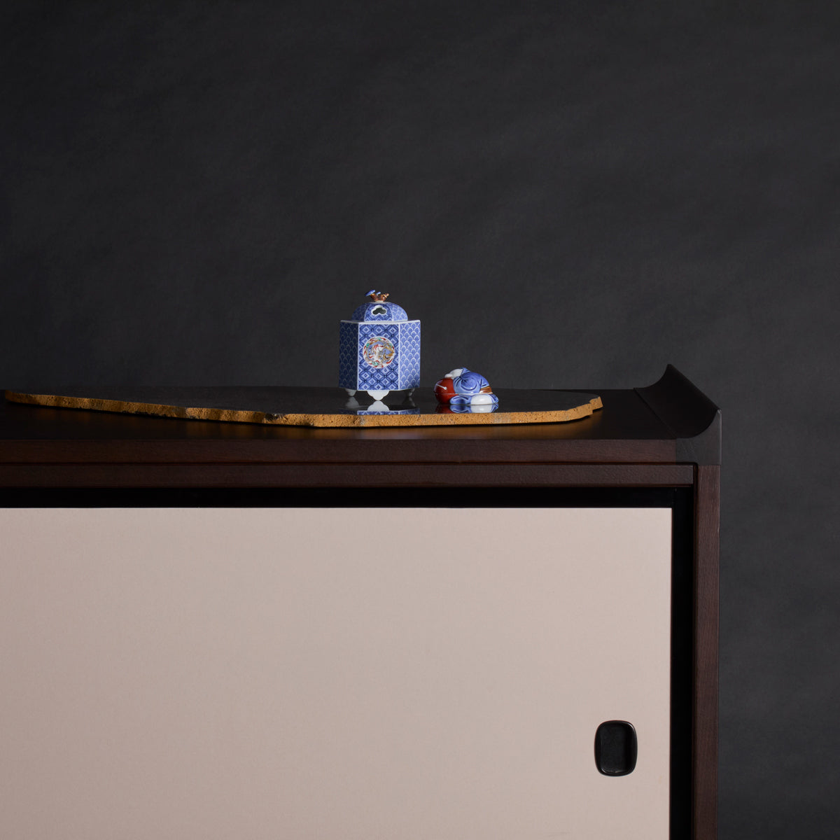 Arita Ware: Tanuki-Shaped Incense Container with Blue-and-White Decoration and Overglaze Enamel